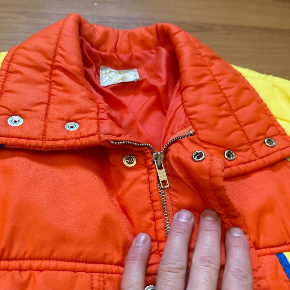 Vintage 1980's Roffe Orange Yellow Snap Puffer Retro Bright Ski Jacket Sz Medium - Picture 5 of 10